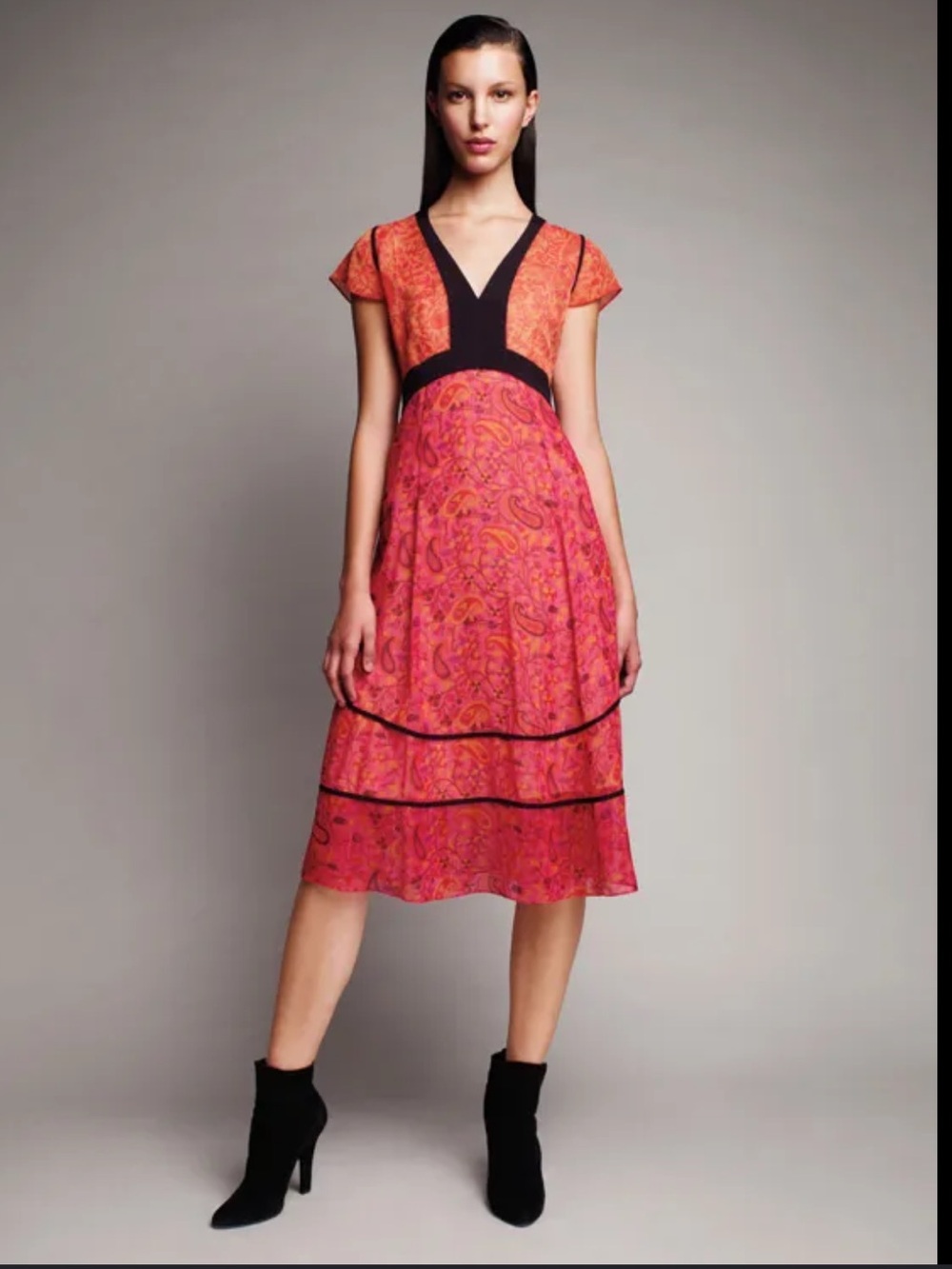 Narciso Rodriguez Pink and Orange Floral V-Neck Dress with Black Trim